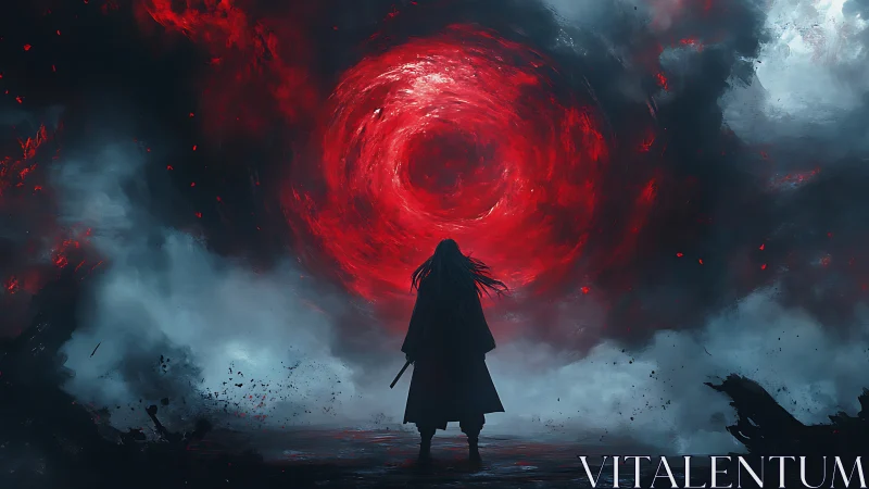 Lone wanderer before the swirling crimson storm portal.