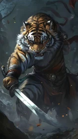 Armored warrior tiger advancing with curved sword in fog.