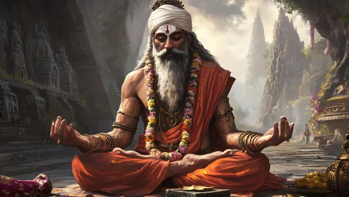Elderly robed figure meditating before stone temple structures.