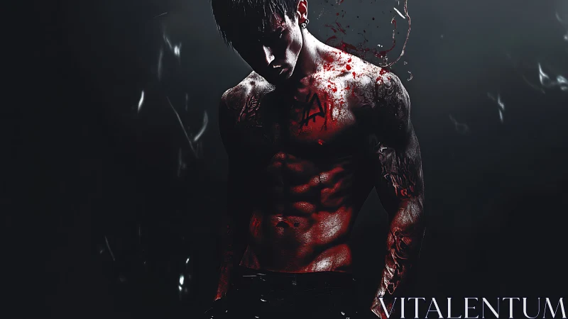 Bloodlit warrior broods in shadow and embers of battle.