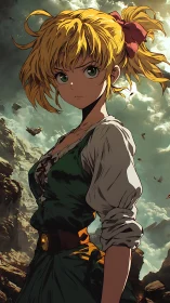 Determined anime heroine stands against storm-swept cliffs