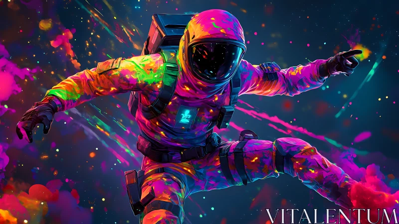 Neon space explorer dives through vibrant cosmic paint clouds