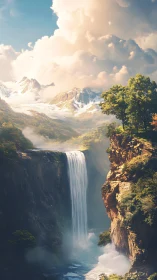 Vertical cascade with alpine clouds in cinematic digital painting.