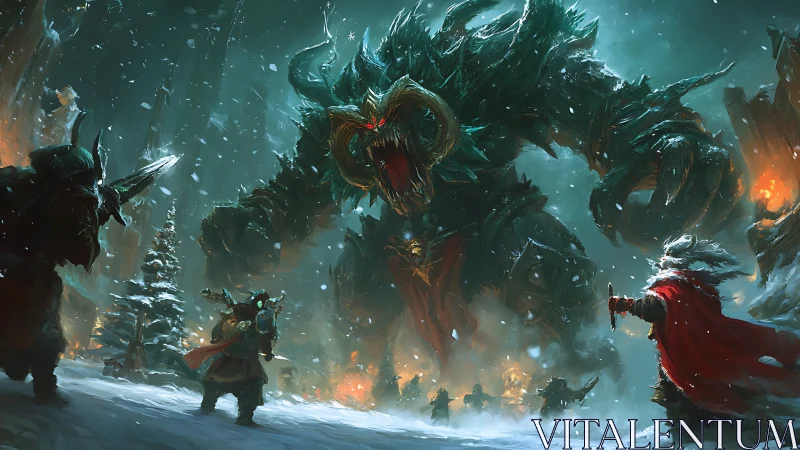 Colossal ice demon towers over warriors in burning snowfield