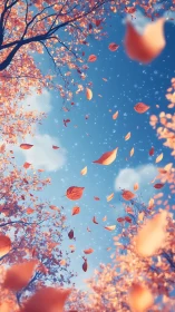 Autumn leaves spiral upward through bright blue sky