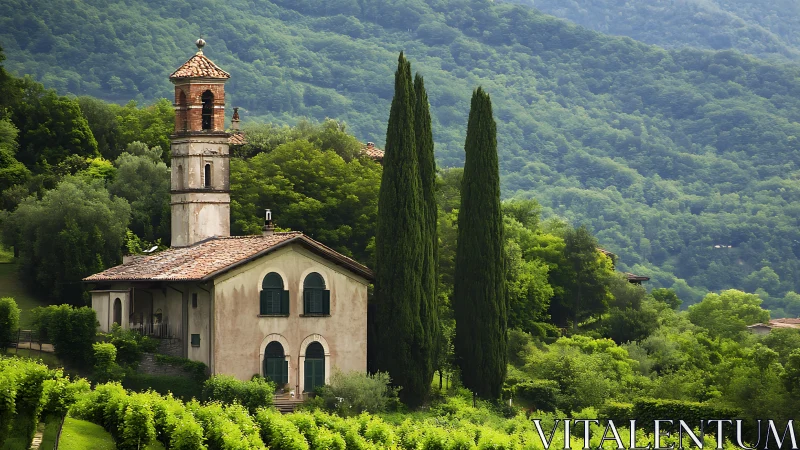 Rural bell tower and villa framed by cypress alignment in hills.