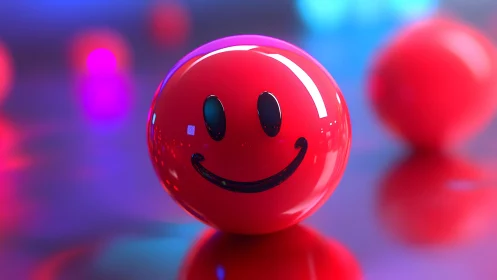Neon-happy red sphere grinning in a glossy dreamscape.