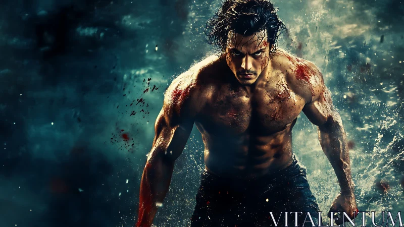 Dynamic digital painting of battle-scarred warrior in motion.