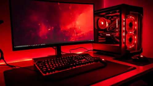 Cozy red gaming battlestation glowing with neon warmth.