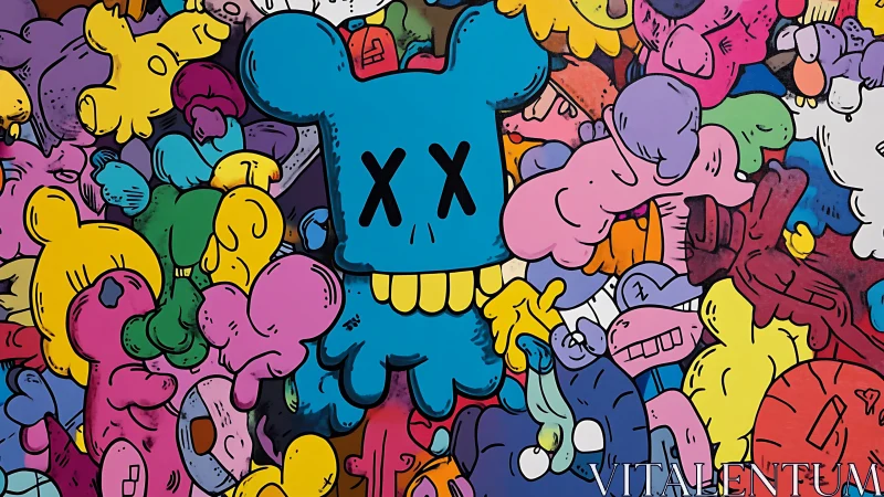 Skull-headed cartoon ringleader grins through candy chaos