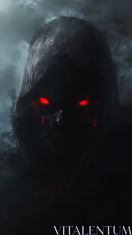 Dark hooded demon face with glowing red eyes in fog