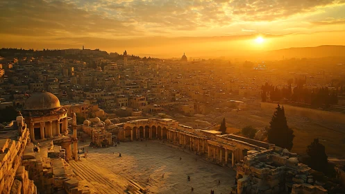 Sunlit ancient amphitheater overlooks dense urban landscape