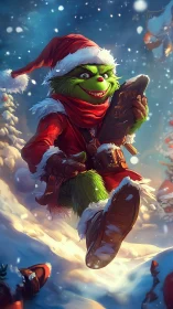 Mischievous green creature in Santa suit leaping through snow