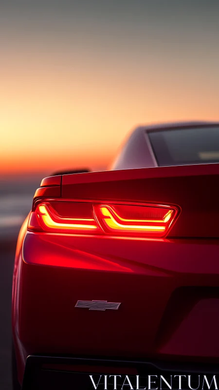Sunset glow wraps a red sports car in sleek evening light