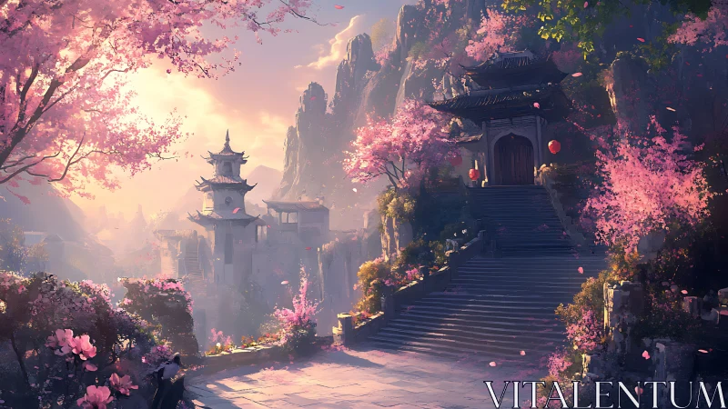 Mountain temple among cherry blossoms at soft sunrise.