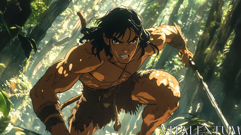 Dynamic jungle warrior in low-angle action pose, rim-lit anatomy