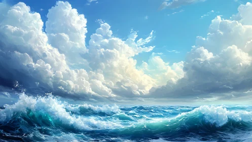 Radiant ocean waves crash beneath towering cumulus clouds.
