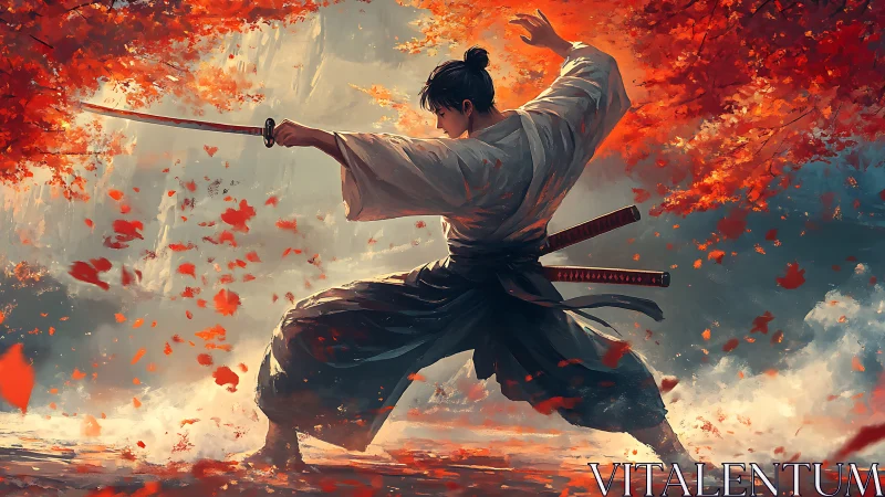 Samurai swordsman in autumn foliage with flowing garments.