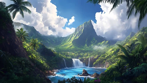 Tropical Valley Paradise: Lush Mountain Waterfall Landscape.