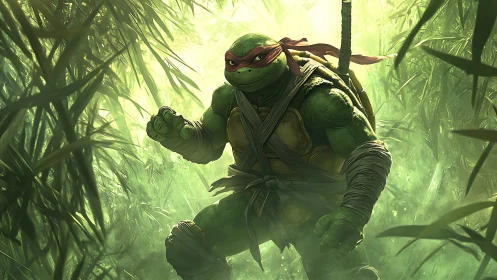 Armored turtle warrior strides through glowing bamboo jungle.