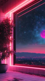 Neon window frames a cosmic skyline in magenta glow.