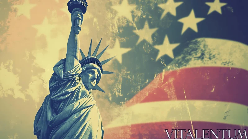Statue of Liberty rises before a weathered American flag glow