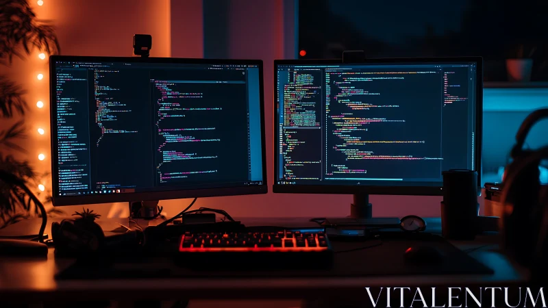 Cozy night coder’s dual-screen workspace in neon glow.