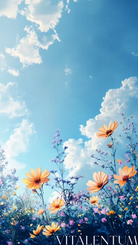 Cheerful Wildflowers Dancing Under Bright Blue Sky