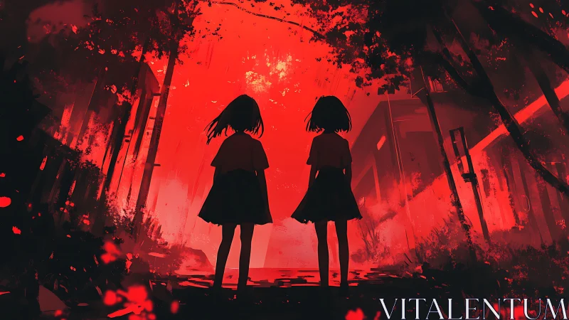 Backlit silhouettes of two girls in a saturated red urban alley