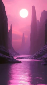 Pink alien canyon with tall rock spires and river under sun.