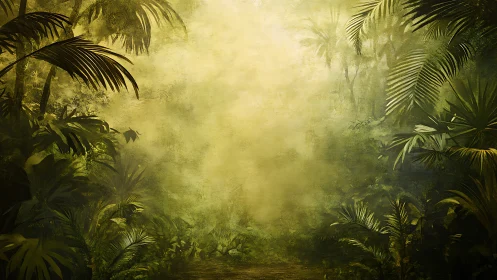 Atmospheric Jungle Obscured by Dense Golden Fog Renders Foliage.