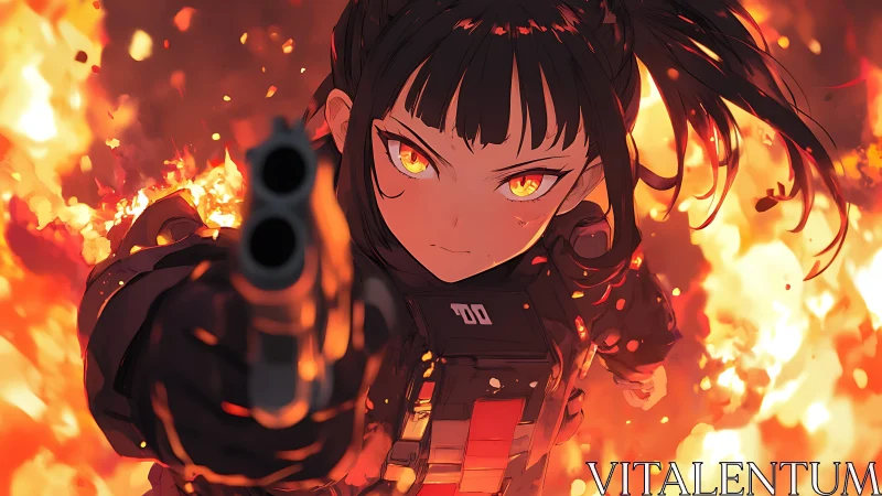Fearless anime heroine stepping through a storm of flames.