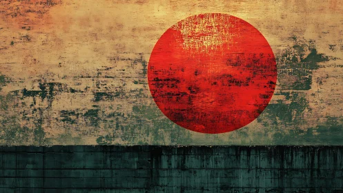 Grunge Japan Flag Artwork with Bold Red Sun on Weathered Background.