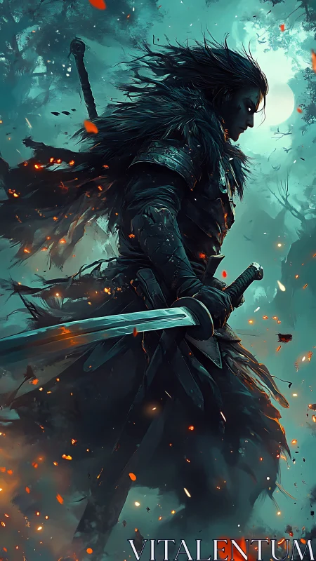 Armored swordsman in ember filled forest under full moon.