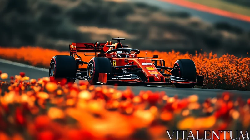 Ferrari F1 car on racing circuit framed by vivid orange flora
