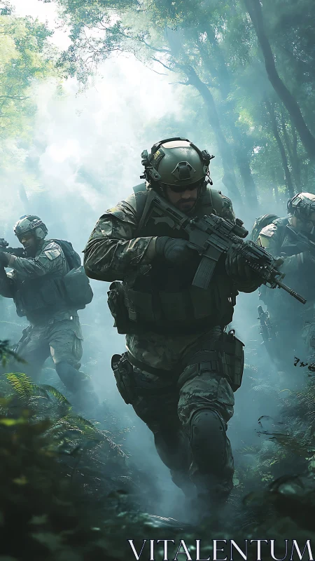 Special forces squad advances through dense forest fog