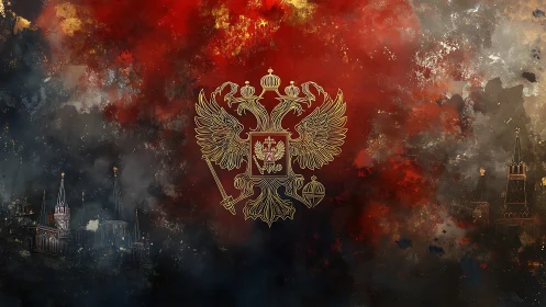 Russian double-headed eagle over abstract Kremlin skyline.