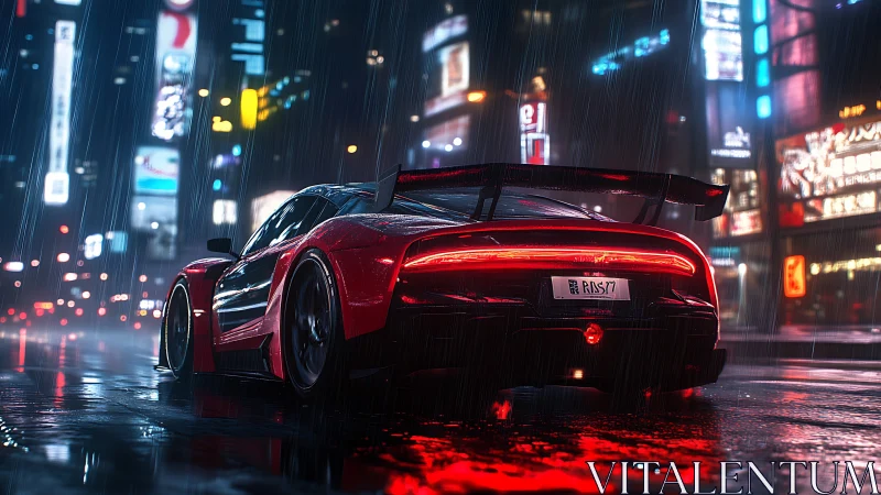 Red sports car accelerates through wet neon city street
