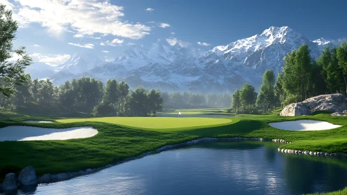 Mountain golf green beside reflective water under clear sky.