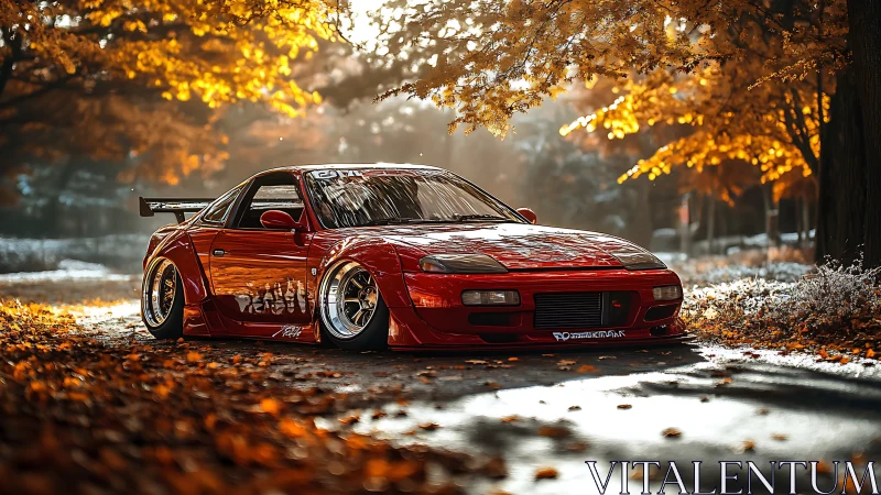 Modified red sports car on forest road with autumn foliage.