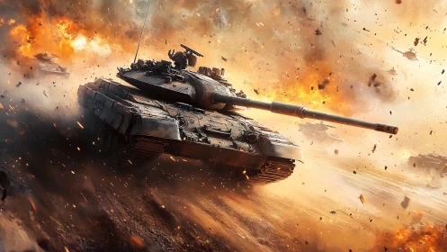 Steel warbeast charges through a blazing battlefield inferno.