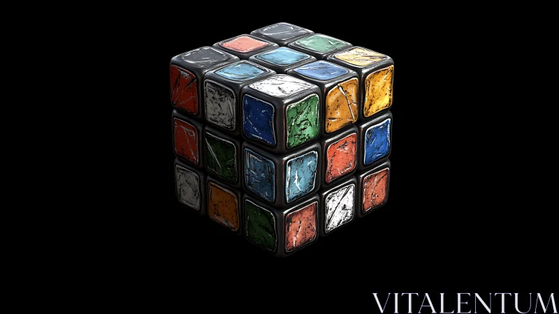 Weathered multicolor puzzle cube with metallic beveled edges