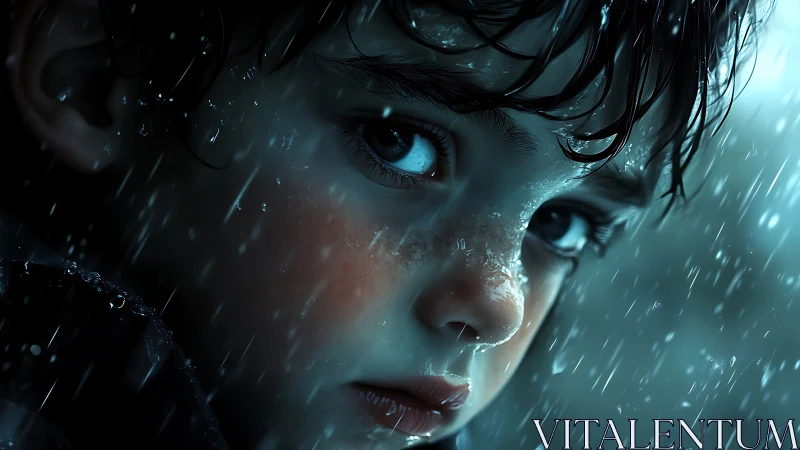 Close-up digital portrait of wet child in heavy rain.