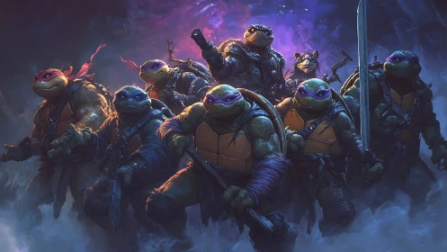 Armored mutant turtles advance through neon storm haze.