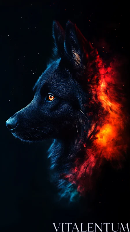 Fiery spirit of a midnight wolf glows against the dark sky
