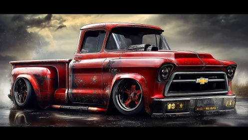 Storm-chased crimson Chevy truck slammed on slick asphalt.