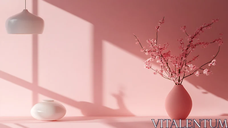 Minimalist pink still life with vase, blossoms and soft shadows.