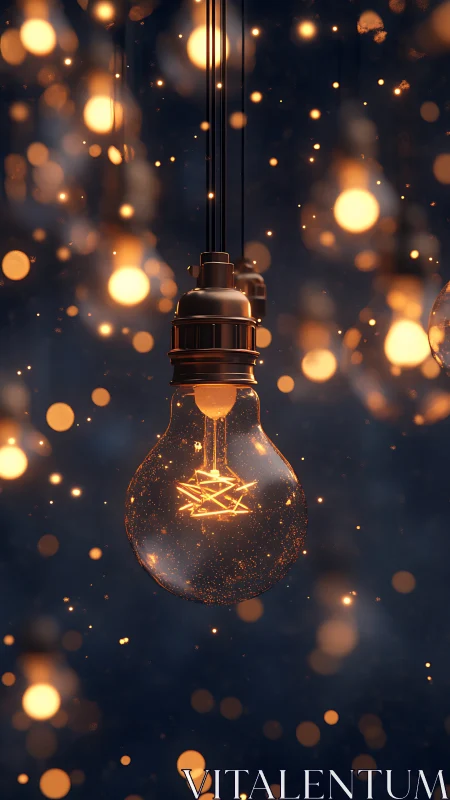 Hanging incandescent bulb with defocused warm light orbs.