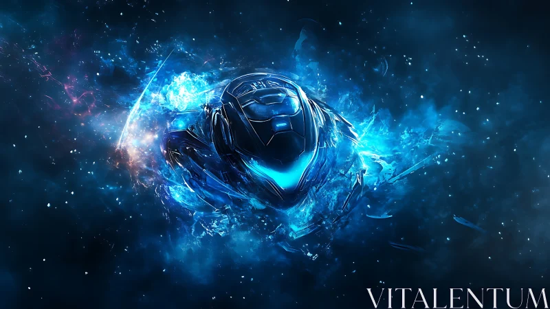 Stellar cyber suit bursting through a glowing blue nebula.