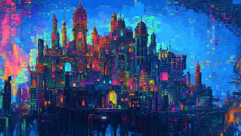 Neon cathedral skyline woven from electric pixel twilight.